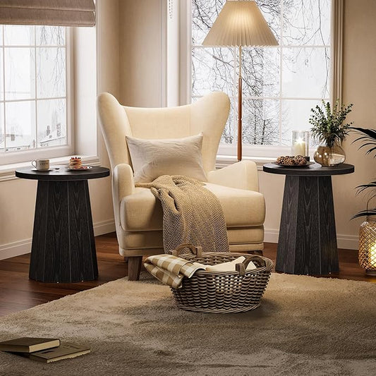 Tribesigns Farmhouse Round End Table Set of 2, Wooden Couch Side Table with Octagonal Base, Black Nightstand Pedestal Accent Furniture for Living Room, Bedroom (2)