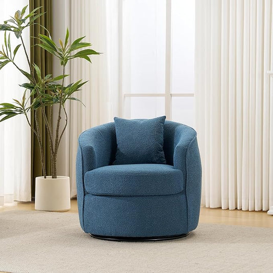 Swivel Accent Chair, Modern Upholstered Boucle Barrel Arm Chairs with Pillow for Living Room, 360 Degree Round Swivel Sherpa Armchair with Round Base for Bedroom Club (1, Dark Blue)