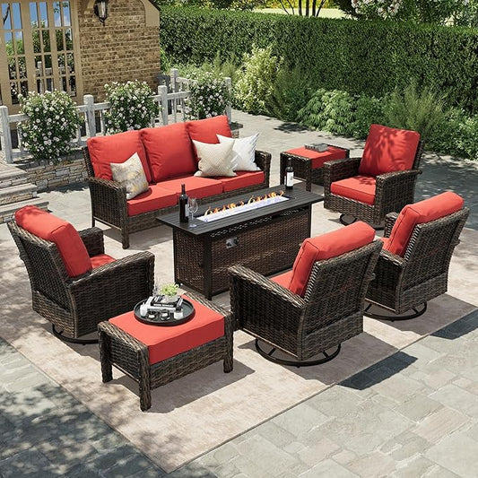 HERA'S HOUSE Red Patio Furniture Set, 8-Piece Outdoor Seating Conversation Sets with High Back Wicker Sofa, 4 x Swivel Chairs with 5.5" Thick Cushions, Fire Pit Table & Ottomans for Deck Yard Garden