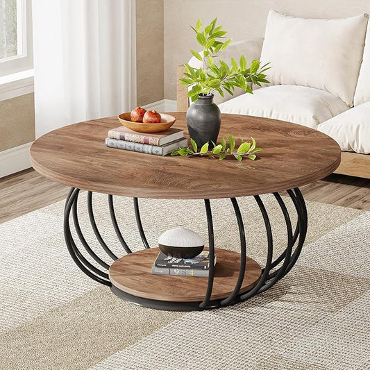Tribesigns Round Coffee Table for Living Room, 39.4" Industrial Wooden 2-Tier Circle Accent Center Cocktail Table with Storage Shelf and Metal Frame, Rustic Brown & Black
