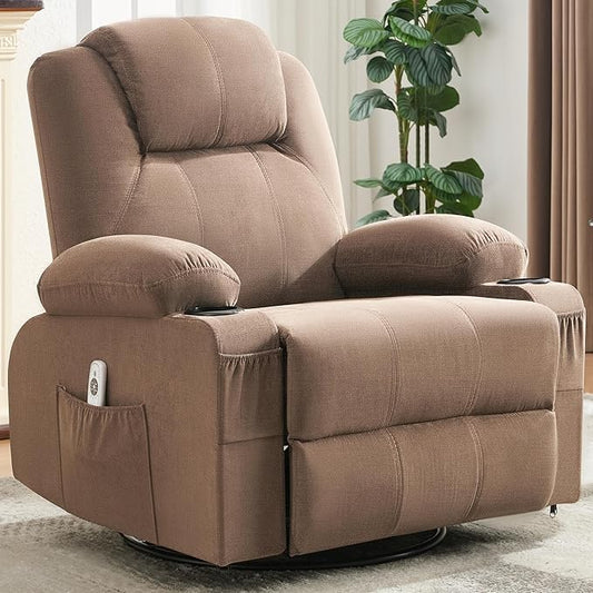 Oversized Swivel Rocker Recliner Chair with Heat and Massage, Large Big Recliner Chair for Living Room, 360 Degree Swivel Rocking Single Sofa with Cup Holders and USB Port(Fabric, Nut Brown)