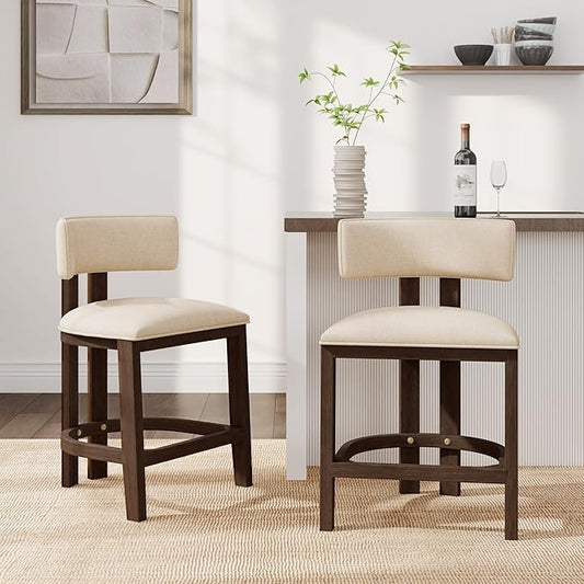 Christopher Knight Home Minso Wooden Counter Height Bar Stools Set of 2, Comfy Upholstered Barstools with Backrest/Footrest, Counter Stool for Kitchen Island/Home Bar Table, Walnut + Beige