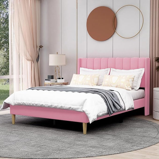 AGARTT Upholstered Platform Bed Frame Full Size with Headboard and Footboard/Wooden Slats Support/No Box Spring Needed Easy Assembly,Pink Velvet