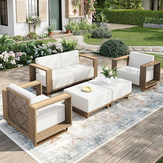 Outdoor Patio Furniture Set, 6 Piece Outdoor Rattan Wicker Couch, Conversation Sets with 2 Single Sofas, 2 Armchairs and 2 Ottomans for Deck Backyard Lawn