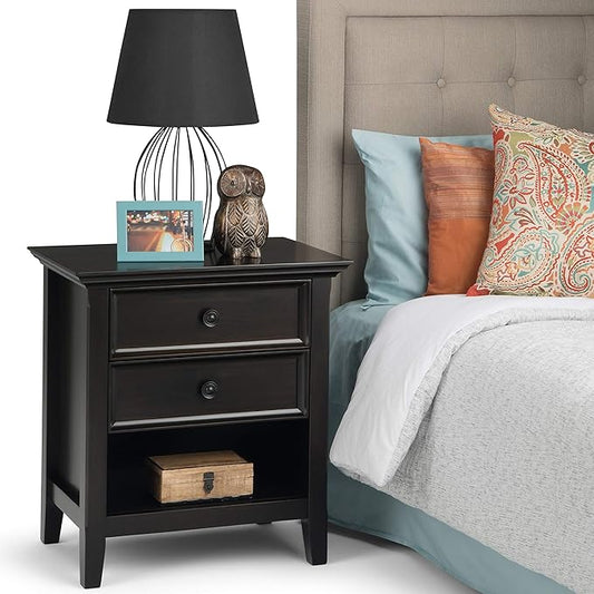 SIMPLIHOME Amherst Bedside Table - 24 inch Wide Solid Wood Nightstand Table in Hickory Brown, Transitional Bedroom Side or End Table with 2 Drawers, Open Storage Shelf and Bronze Hardware