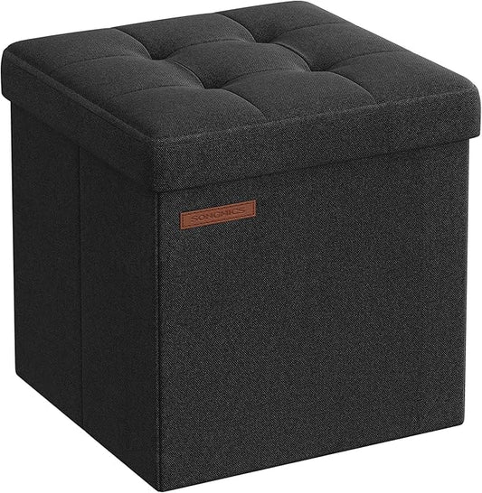 SONGMICS Storage Ottoman, Foldable Small Ottoman Foot Rest, 11.8 Inches Foot Stool, Cube Ottoman with Storage, Load up to 286 lb, for Living Room, Bedroom, Dorm, Ink Black ULSF028B01