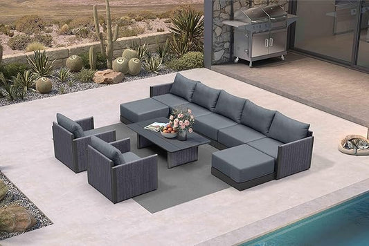PURPLE LEAF Patio Furniture Set 10 Pieces Patio Seating with Ottoman Sofas Aluminum Furniture Outdoor Couch Sectional Set with Cushions and Aluminum Table Patio Conversation Sets Gray