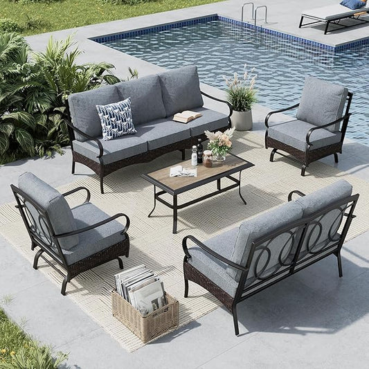 MFSTUDIO 5 PCS Outdoor Patio Furniture Set, Metal Outdoor Conversation Set, Rattan Wicker Patio Sectional Sofa Set with 2 x Rocking Single Sofa, 2-Seat and 3-Seat Sofa, 1 x Coffee Table, Grey