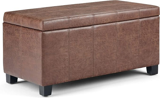 SIMPLIHOME Dover 36 inch Wide Contemporary Rectangle Storage Ottoman Bench in Distressed Umber Brown Vegan Faux Leather, Assembled, For the Living Room, Entryway and Family Room