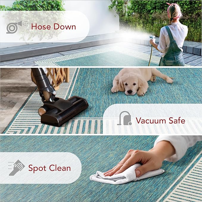 nuLOOM 9'6" x 12' Outdoor Area Rug, Casual Design With Striped Border, Stain Resistant, Highly Durable, For Patio, Balcony, Bedroom, Living Room, Dining Room, Bathroom, Teal