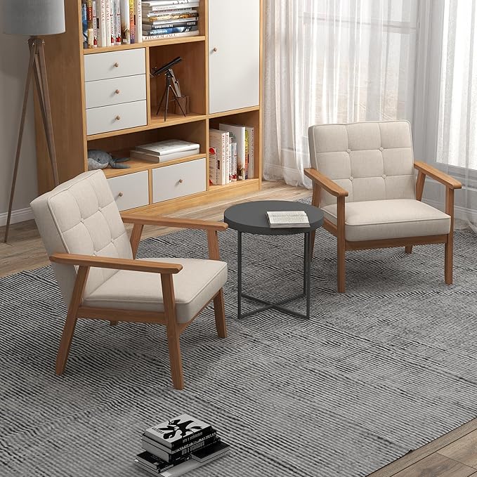 KCC Mid-Century Modern Linen Fabric Accent Chair Set of 2, Upholstered Tufted Leisure Chair Comfy Reading Side Chair with Armrest and Solid Wood Frame for Living Room Bedroom Balcony(Beige)