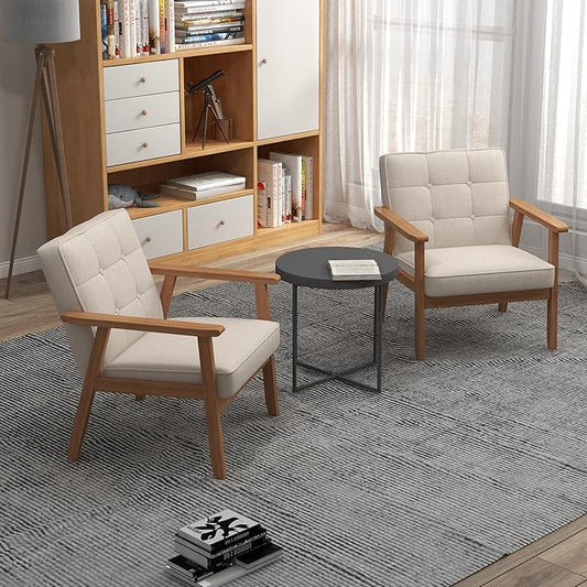 KCC Mid-Century Modern Linen Fabric Accent Chair Set of 2, Upholstered Tufted Leisure Chair Comfy Reading Side Chair with Armrest and Solid Wood Frame for Living Room Bedroom Balcony(Beige)