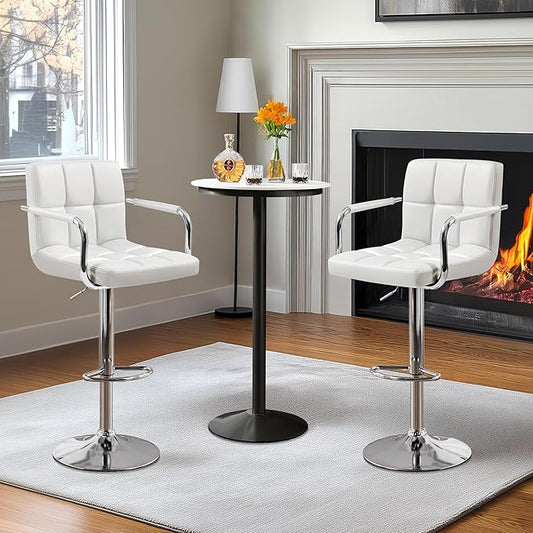 Yaheetech Bar Stools Set of 3, PU Leather Adjustable Barstools with Armrest, Counter Height Stool Chairs with Thickened Seat Cushion for Kitchen Island, White