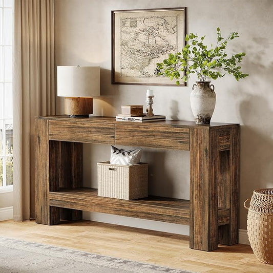 Tribesigns 63-Inch Console Table with 2 Drawers, 2-Tier Wooden Sofa Table Behind Couch, Farmhouse Entryway Console with Storage Shelf for Living Room, Entrance, Hallway (Dark Brown)