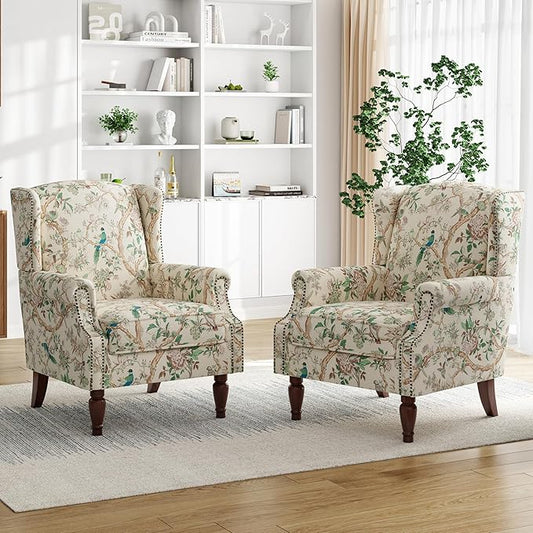 Pia Ricco Set of 2 Floral Accent Chairs, High Back Upholstered Armchairs with Retro Wingback Design, Nailhead Trim & Solid Wood Legs for Living Room Bedroom(Bird Pattern)