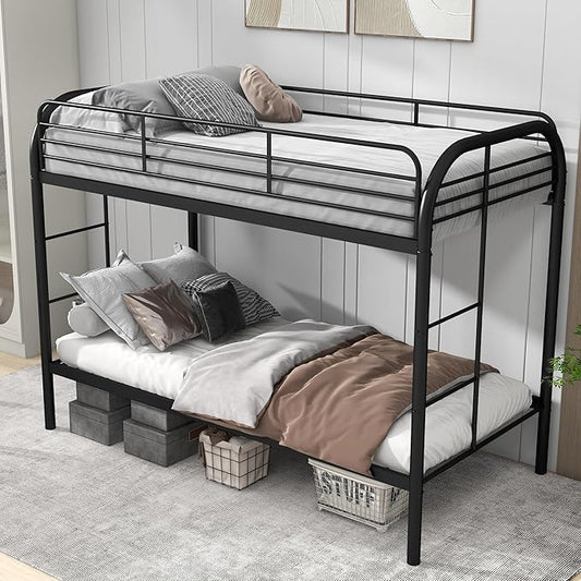Bunk Bed Twin Over Twin Metal Bunk Bed w/Full-Length Guardrail & Side Ladder, Low Metal Bed Frame for Teens, Girls, Boys, Adults,No Box Spring Needed (C Black)