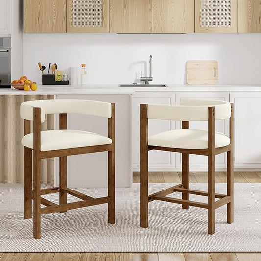 Christopher Knight Home Set of 2 Rylan Modern Fabric Upholstered Dining Room Counter Height Barstools,Kitchen Island Rubberwood Counter Stool,Armchair with Footrest+Curved Backrest,Beige+Walnut