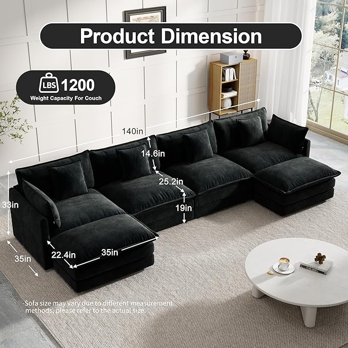 Modular Sectional Sofa, 146.5 Inch U-Shaped Cloud Sofa with Deep Seat Chenille Sofa with Cushions, Four Seater Sectional Sofa for Living Room Apartment,Black