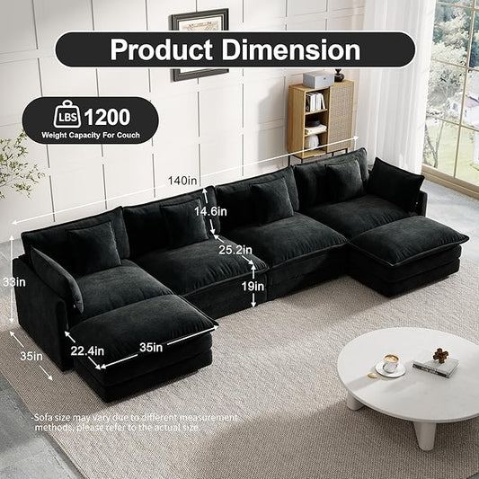 Modular Sectional Sofa, 146.5 Inch U-Shaped Cloud Sofa with Deep Seat Chenille Sofa with Cushions, Four Seater Sectional Sofa for Living Room Apartment,Black