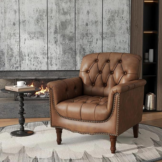 Lumibee Faux Leather Armchair, Contemporary Accent Chair with Nailhead Trims & Wood Legs for Living Room, Upholstered Comfy Arm Chair for Office,Bedroom-Brown