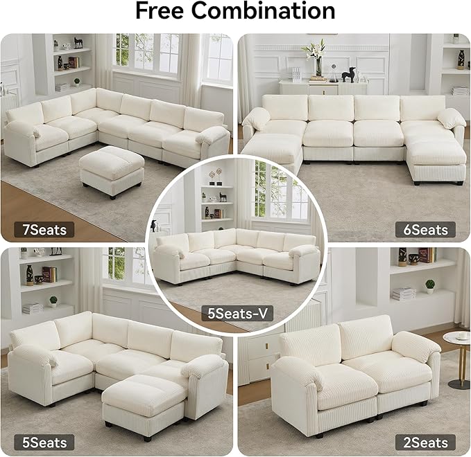 118'' U-Shaped Sectional Couch with 2 Ottoman, Oversized Modular Couches for Living Room, Corduroy Deep Seat Cloud Sofa with Center Stitched, Beige