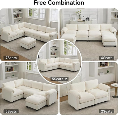 87'' U-Shaped Sectional Sofa with Ottoman, 5-Seater Modular Couches for Living Room, Corduroy Deep Seat Cloud Sofa with Center Stitched, Beige
