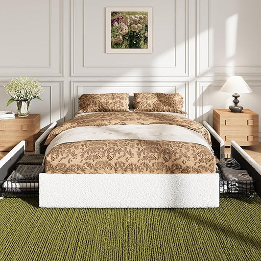 Allewie Queen Size Bed Frame with 4 Oversized Storage Drawers, Soft Teddy Fabric, Boucle Upholstered Platform Bed, Wooden Slats Support, Noise-Free, No Box Spring Needed, Easy Assembly, White