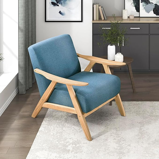 Lexicon Mid Century Modern Accent Chair with Solid Wood Frame in Natural Finish, Textured Fabric Living Room Lounge Arm Chair, Thick and Comfy Innerspring Seat Cushion, Linen-Look Fabric, Blue