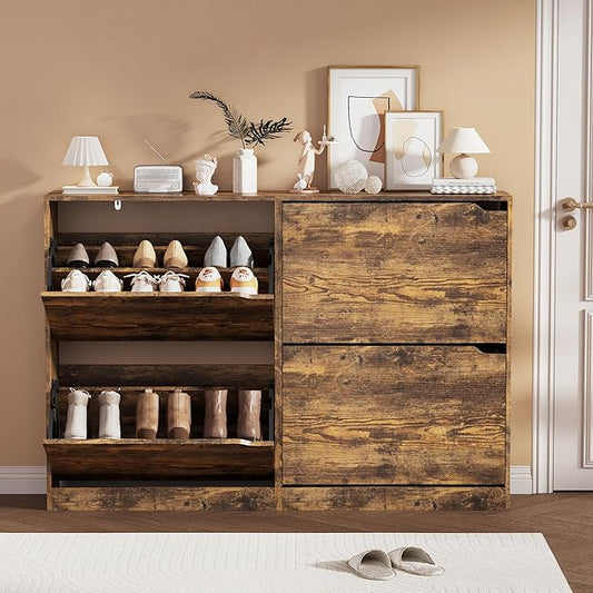 Shoe Storage Cabinet, Wood Shoe Organizer for Entryway with 4 Flip Drawers, Freestanding Shoe Rack with Adjustable Shelf, Narrow Shoe Dresser for Front Door Entrance(Brown, 47.24" x 32.28" x 9.44")
