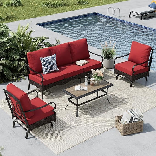 MFSTUDIO 4 Pieces Outdoor Patio Furniture Set, Metal Outdoor Conversation Set, Rattan Wicker Patio Sectional Sofa Set with 2 x Rocking Single Sofa, 3-Seat Sofa, 1 x Coffee Table, Red