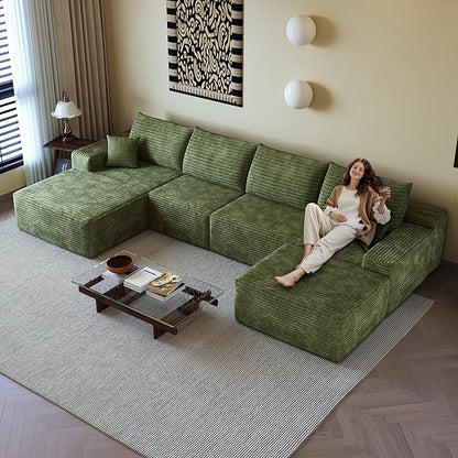 108" Sectional Couches for Living Room Modern Modular Sofa with L-Shape Couchs Upholstered Boneless Couch Deep Seat Sectional Couch with Chaise (Green, Left Facing Chaise+3Seaters+Ottoman)