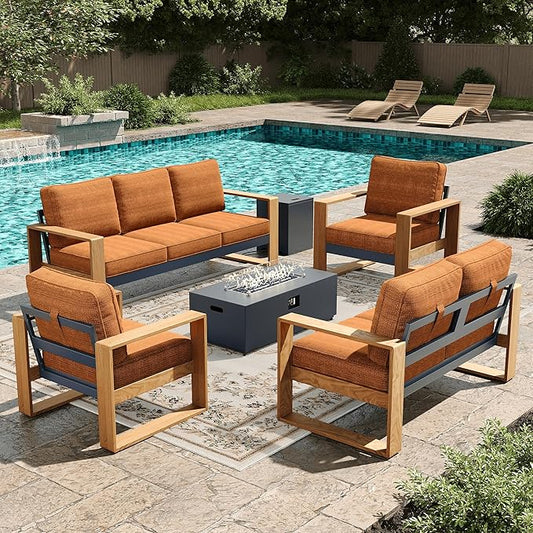 LayinSun 5 Pieces Aluminum Patio Furniture Set with Fire Pit Table, Oversized Seat with Hight Back, Outdoor Conversation Sets for Porch, Balcony, Deck