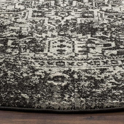SAFAVIEH Evoke Collection Area Rug - 5'3" Round, Black & Grey, Distressed Design, Non-Shedding & Easy to Clean, Ideal for Living Room, Bedroom, Dining Space (EVK256R)