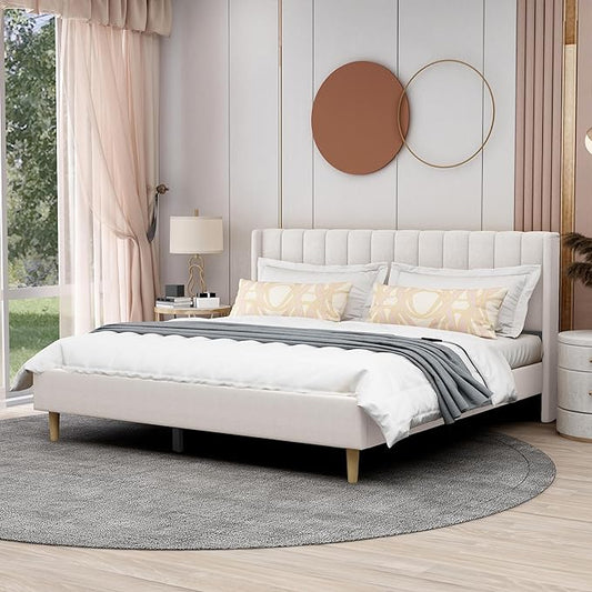 AGARTT Upholstered Platform Bed Frame King Size with Headboard and Footboard/Wooden Slats Support/No Box Spring Needed/Easy Assembly,Beige Velvet