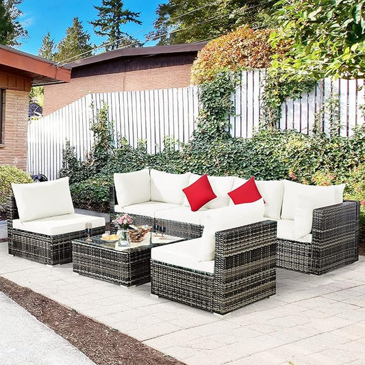 Tangkula 7 Pieces Patio Rattan Furniture Set, Patiojoy Outdoor Conversation Set with Cushions and Tempered Glass Coffee Table, All-Weather Sectional Sofa Set for Garden, Lawn, Backyard (White)