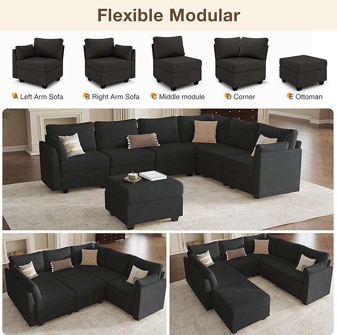 Modular Sectional Sofa Couches, Large Convertible Modular Couches with Storage, 7-Seater Sectional Sofa for Living Room, U Shaped Sectional Couch Sleeper Sofa with Chaise (Black, 7 Seats)