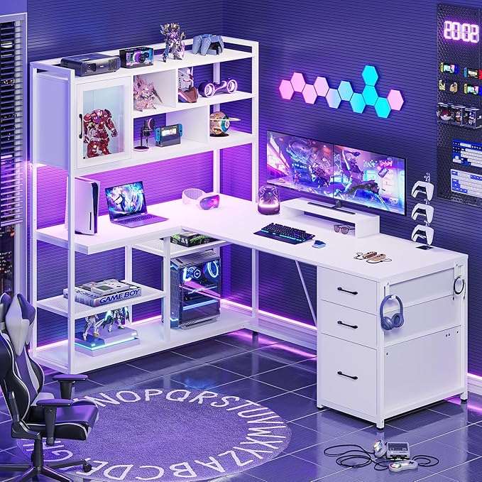 SEDETA L Shaped Computer Desk, 58'' Office Desk with 3 Drawers and Bookshelf, L Shaped Corner Desk with Storage Shelves and LED Light for Home Office, Gaming Desk, L Desk, White
