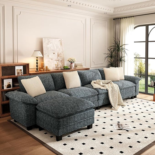 PHI VILLA Cloud Modular Couch Sets, 157.5" Sectional Sofa with L-Shaped Chaise, 5-Seater Upholstered Couches with Movable Ottoman for Living Room, Chenille Fabric, Dark Cyan