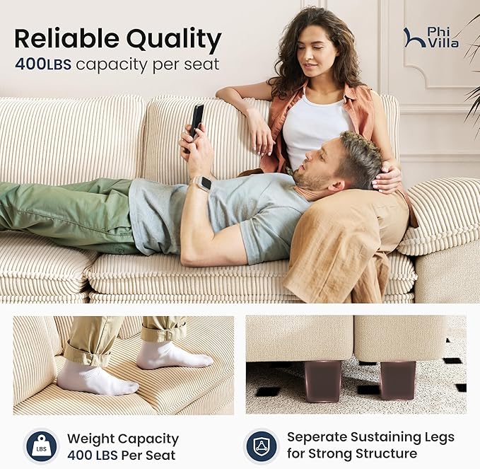 PHI VILLA Cloud Modular Couches Sets, 3 Pieces Sectional Sofa Set with Single Sofa, 5-Seater Upholstered Couch for Living Room Small Spaces, Chenille Corduroy Dual Fabric, Beige