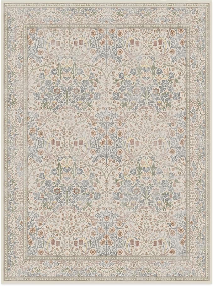 RUGGABLE x Morris & Co Washable Area Rug – Blackthorn Ivory Blue 9x12, Stain-Resistant, Non-Slip – Large Machine Washable Rugs for Living Room, Bedroom, Hallway, Entryway & Office–with Standard Pad