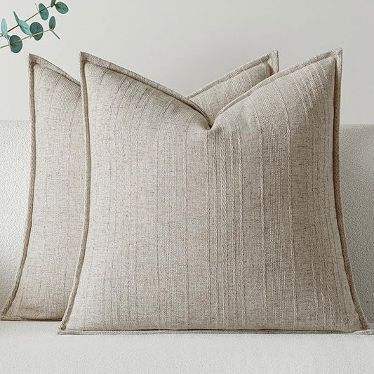 a moment Linen Pillow Covers Set of 2,Boho Farmhouse Throw Pillowcases Neutral Textured Decorative Covers for Couch Sofa, Soft Linen Blend Accent Case Cushion Living Room Home Decor 22"x22"Khaki