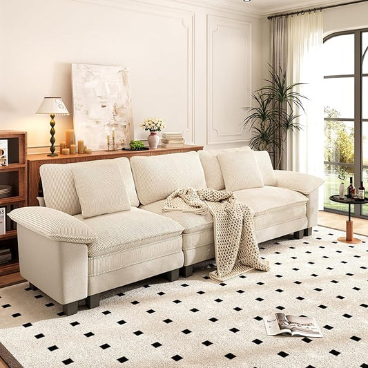 PHI VILLA Cloud Modular Couches Sets, 123.6" Long Sectional Sofa with Upholstered Deep Seat, 3-Seater Couch for Living Room Small Spaces, Chenille Corduroy Dual Fabric, Beige