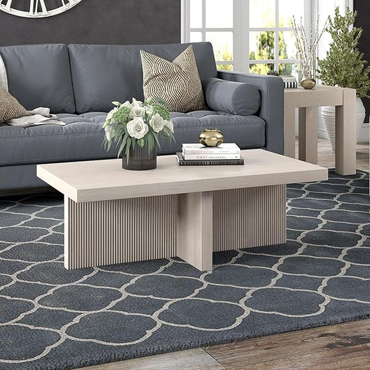 Henn&Hart 44" Fluted Rectangular Wood Pedestal Low-Profile Coffee Table for Living Room, Family Room or Office, Alder White