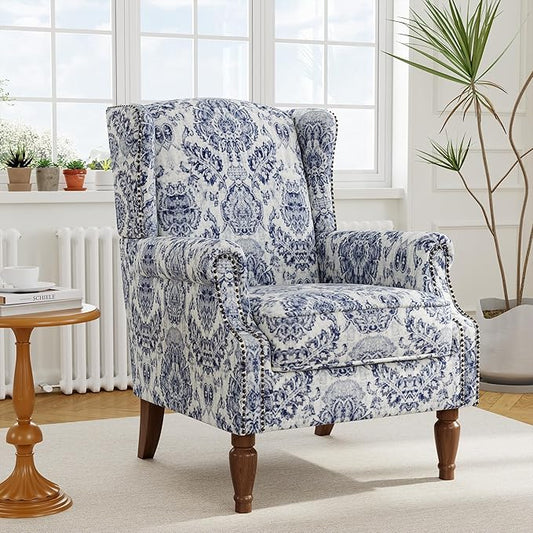 Accent Chair, Upholstered High Back Floral Armchair with Nailhead Trim & Wood Legs, Comfy Wingback Reading Single Sofa Chair for Small Spaces, Living Room, Bedroom ( Navy Blue Floral, Set of 1)