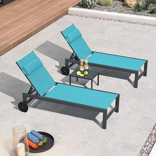 PURPLE LEAF Patio Lounge Chair Set of 3 Outdoor Chaise Lounger Aluminum Frame with Side Table and Wheels for Pool Outside Sunbathing Tanning Recliner Including Pillows Turquoise Blue