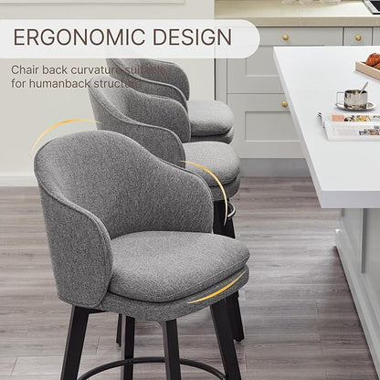 Counter Height Barstools 26 inch Upholstered Swivel Bar Stools with Back and Wood Legs for Kitchen Island,Set of 3,Dark Grey Fabric