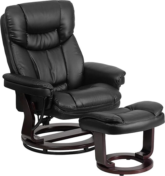 Flash Furniture Allie LeatherSoft Upholstered Recliner with Footrest, Arms, and Headrest, Padded Swivel Recliner Chair and Ottoman Set, Black