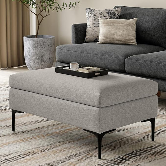 SIMPLIHOME Rebecca 36 inch Wide Mid Century Rectangular Coffee Table Storage Ottoman with Lift Up Lid in Cloud Grey Polyester linen Look, Assembled, For the Living Room, Entryway and Family Room