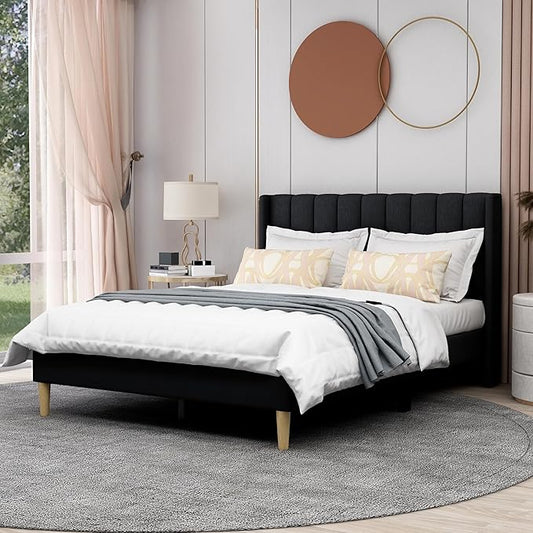 AGARTT Upholstered Platform Bed Frame Full Size with Headboard and Footboard/Wooden Slats Support/No Box Spring Needed/Easy Assembly,Black Linen