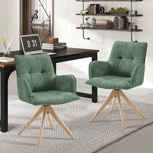 Art Leon Desk Chair Without Wheels - Mid Century Modern Swivel Office Chair, Fabric Upholstered Accent Chair with Oak Wood Legs for Small Space Living Room Bedroom, Set of 2, Green
